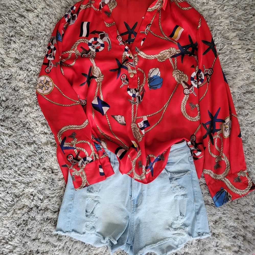 Zara red and navy blouse